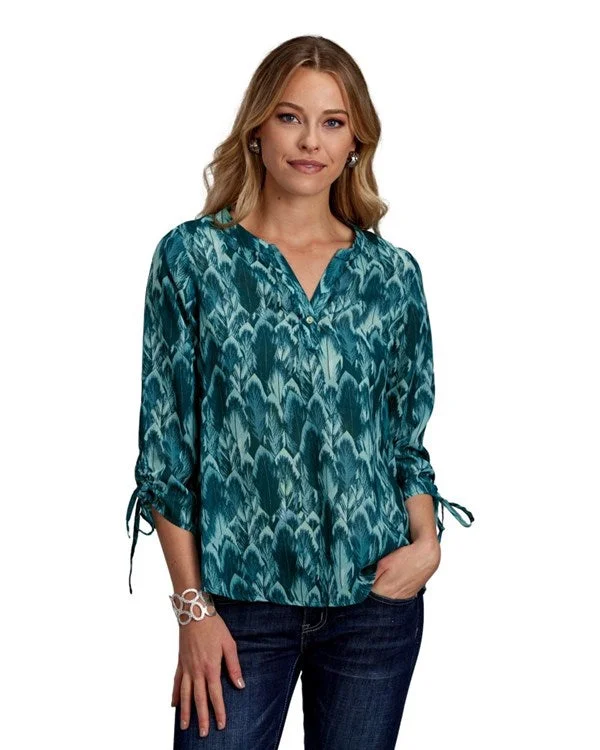 Teal Feather Print Shirt-- Knit Fabric Woven Fabric Fleece Fabric