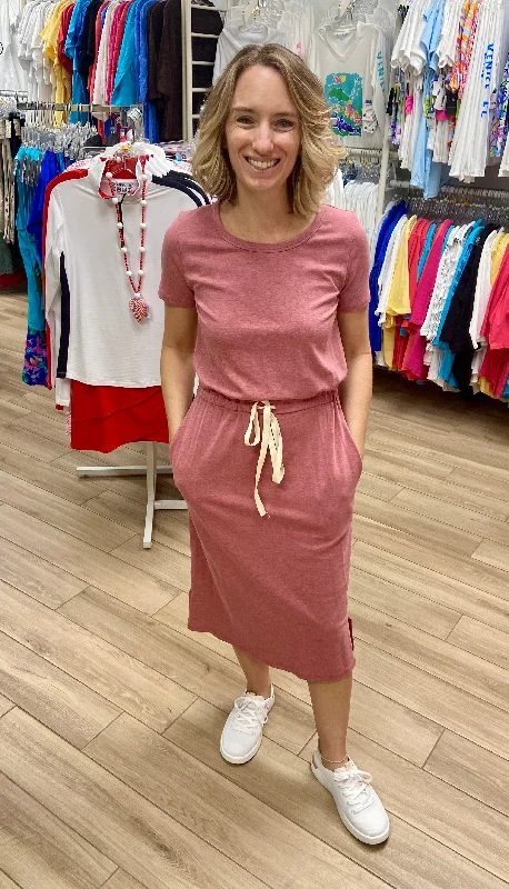 7th Ray D2465 Cinched T-Shirt Dress-- Welt Pockets Slit Pockets