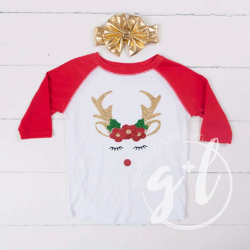 Rosie Reindeer Christmas Raglan Tee Shirt, White and Red & Gold Lame Headband-- Embroidered Appliqued Beaded Rosie Reindeer Christmas Raglan Tee Shirt, White and Red & Gold Lame Headband-- Embroidered Appliqued Beaded