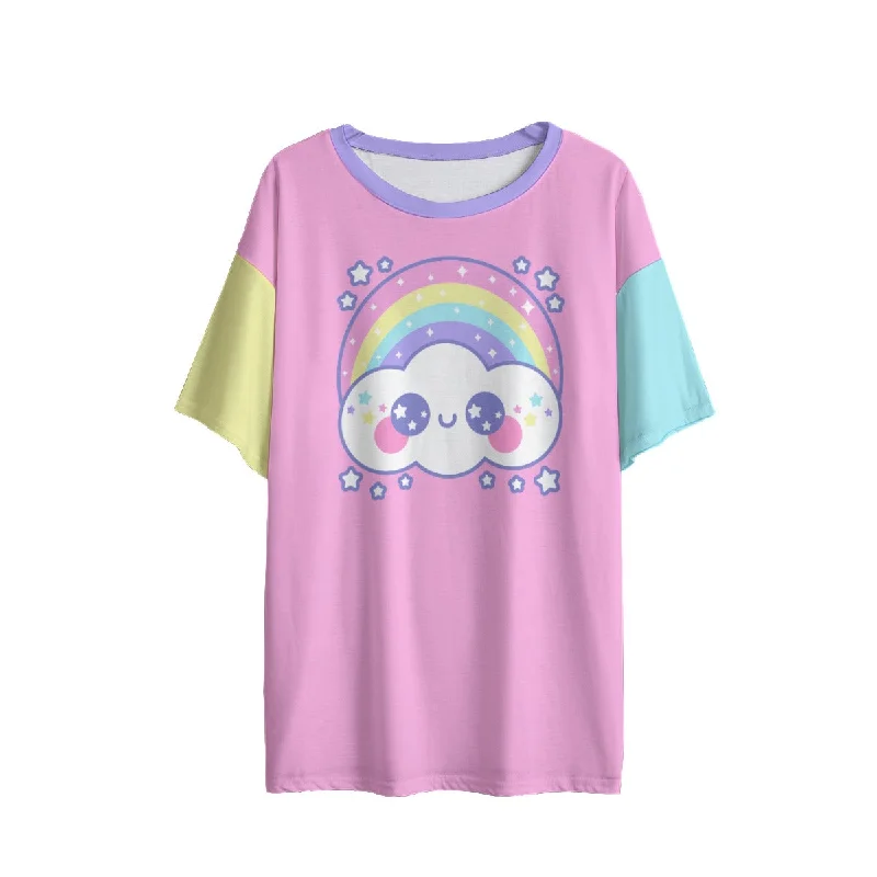Happy Rainbow Cloud Pink Women's Drop Shoulder T-Shirt -- Basic T-Shirt Crew Neck Short Sleeve Happy Rainbow Cloud Pink Women's Drop Shoulder T-Shirt -- Basic T-Shirt Crew Neck Short Sleeve