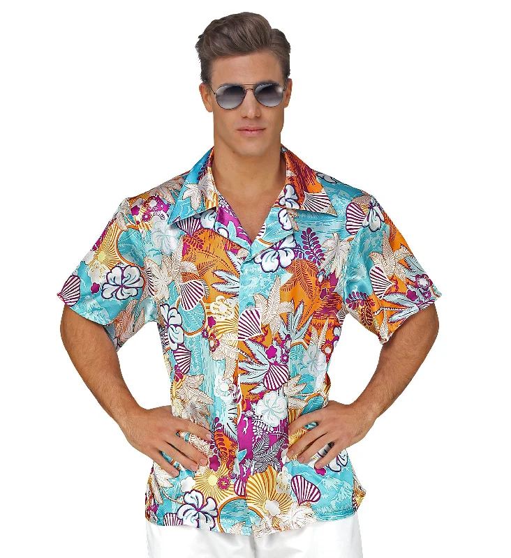Hawaiian Shirt - Blue and Orange-- Terry Blend Velvet Blend Canvas Blend