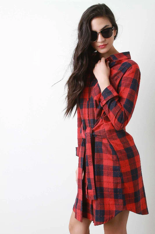 Plaid Tied Waist Shirt Dress-- Wool Fabric Cashmere Fabric Tweed Fabric