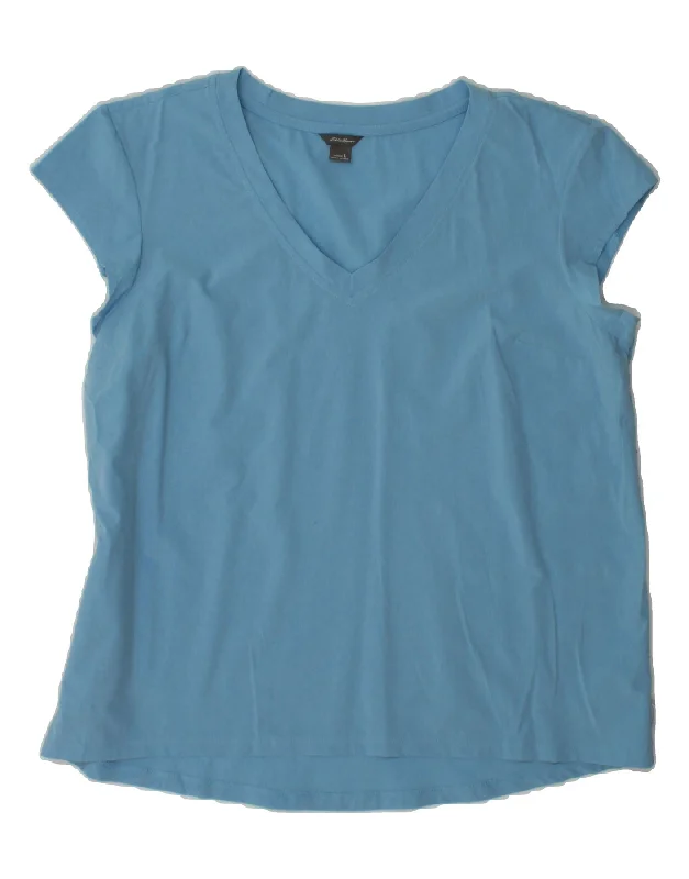 EDDIE BAUER Womens T-Shirt Top UK 16 Large Blue Polyester-- Print Jacquard Patchwork