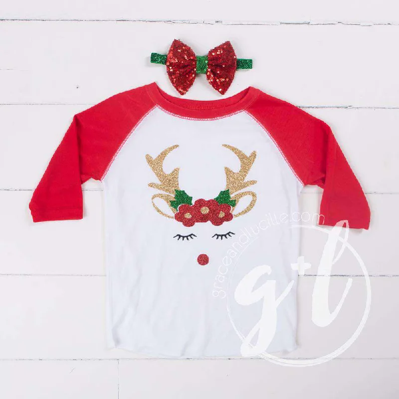 Rosie Reindeer Christmas Raglan Tee Shirt, White and Red with Red 2-in-1 Bow/Belt-- Sequined Glittery Shiny Rosie Reindeer Christmas Raglan Tee Shirt, White and Red with Red 2-in-1 Bow/Belt-- Sequined Glittery Shiny