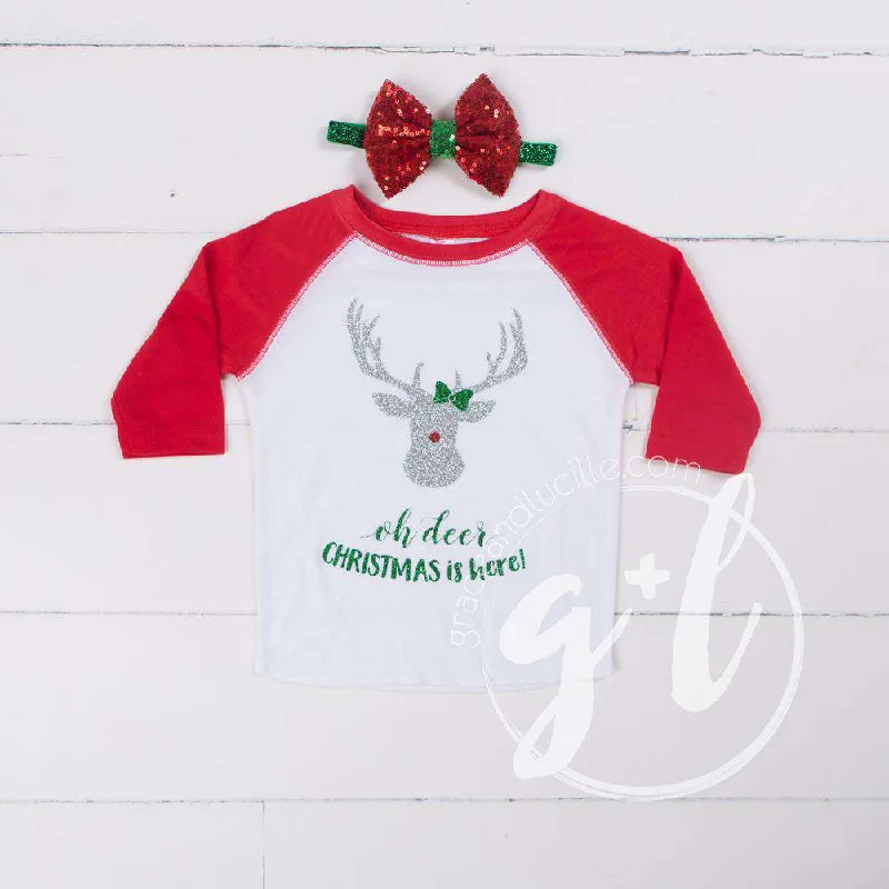 "Oh deer, Christmas is here!" Raglan Tee Shirt, White and Red with Red 2-in-1 Bow/Belt-- Satin Blend Silk Blend Wool Blend "Oh deer, Christmas is here!" Raglan Tee Shirt, White and Red with Red 2-in-1 Bow/Belt-- Satin Blend Silk Blend Wool Blend