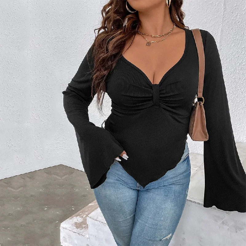 Plus Size Women's Asymmetric Hem Bell Sleeve Knitted Tee Shirt Top-- Rayon Fabric Velvet Fabric Corduroy Fabric