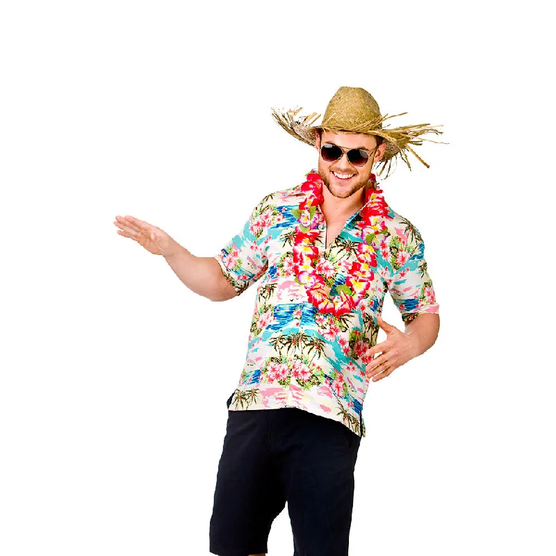 Hawaiian Shirt - Pink Flowers & Palm Trees-- Mesh Blend Leather Blend Suede Blend