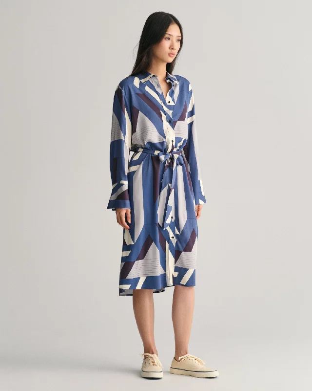 Letters Print Shirt Dress - Dusty Blue Sea-- Print Jacquard Patchwork