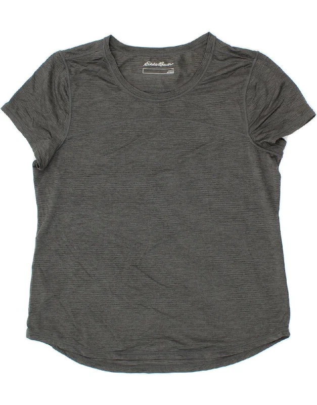 EDDIE BAUER Womens T-Shirt Top UK 16 Large Grey Pinstripe Polyester-- Terry Blend Velvet Blend Canvas Blend