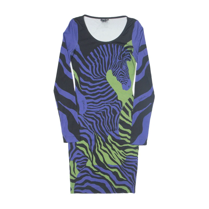 ROBERTO CAVALLI Just Cavalli Zebra Print Pencil Dress Blue Long Sleeve Knee Length Womens UK 8 Square Neckline Feminine