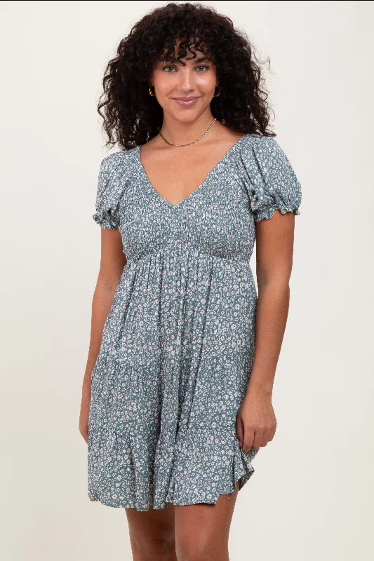 Light Olive Floral Smocked V-Neck Flutter Sleeve Dress Tunics Party sparkling