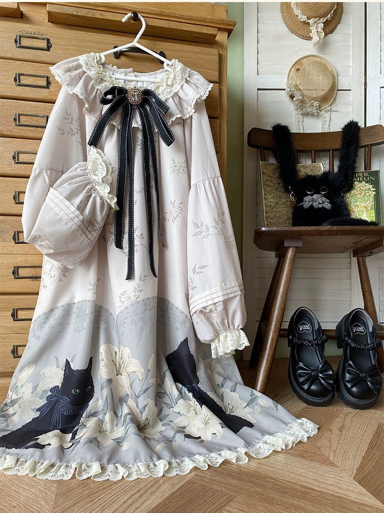 Akiyama Future Studio~Black Cat and Lily~Loose Kawaii Lolita OP Dress with Vest and Hat Tunics Plaid country