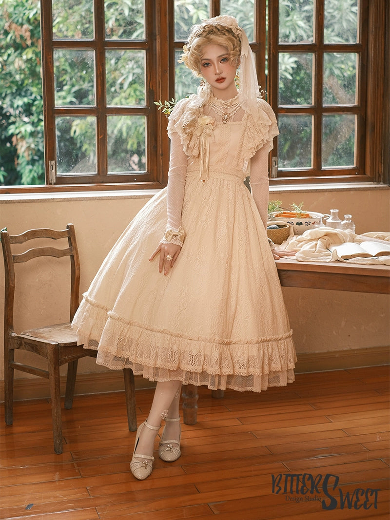 BittterSweet~Vintage Lolita OP Dress Old School Lace Long Dress Tunics Party sparkling