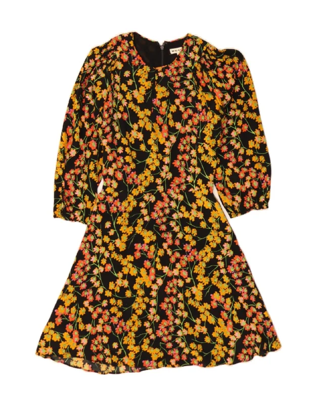 WHISTLES Womens 3/4 Sleeve A-Line Dress UK 6 XS  Black Floral Viscose Tunics Ceremony elegant