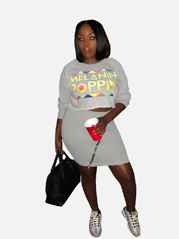 2 Pieces Black Pop Print Sweatshirt Top Mini Skirt Sets Hoodie with Set-In Sleeves Structured Classic