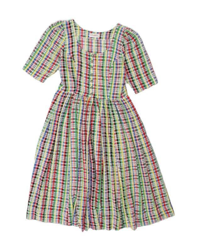 VINTAGE Womens A-Line Dress EU 38 Medium Multicoloured Check Viscose Turtleneck Neckline Stylish