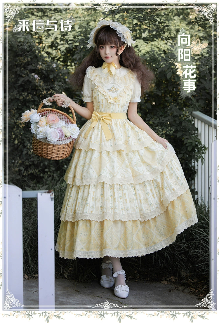 With PUJI~Letter and Poetry Sunflower Matters~Country Lolita JSK Embroidered Printed Lolita Dress Tunics Fashionable chic