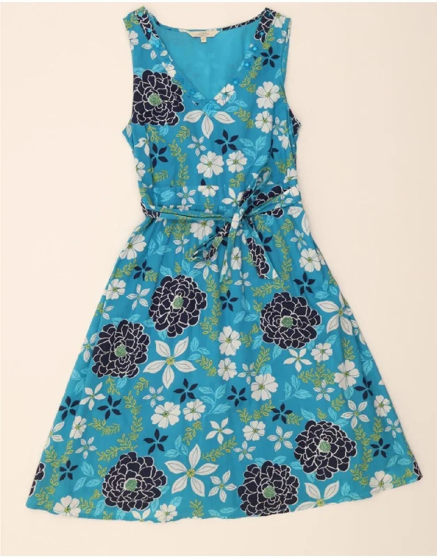DEBENHAMS Womens Sleeveless A-Line Dress UK 12 Medium Blue Floral Cotton Crew Neckline Casual