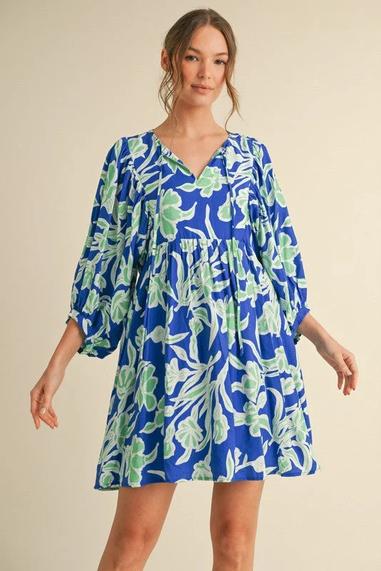 Royal Blue Print 3/4 Balloon Sleeve Dress Tunics Cozy comfortable