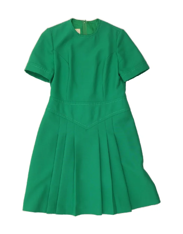 VINTAGE Womens Pleated A-Line Dress IT 42 Medium Green Cotton Square Neckline Feminine