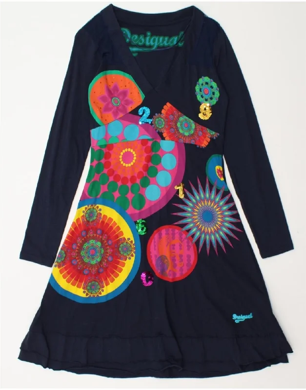 DESIGUAL Womens Long Sleeve A-Line Dress UK 14 Large Navy Blue Geometric Tunics Luxurious high-end
