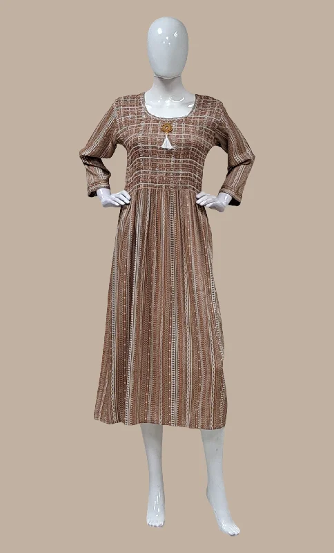 Deep Almond Embroidered Kurti Dress Tunics Chic fashionable