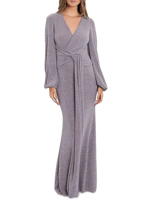 Womens Metallic Faux-Wrap Evening Dress Tunics Corduroy durable