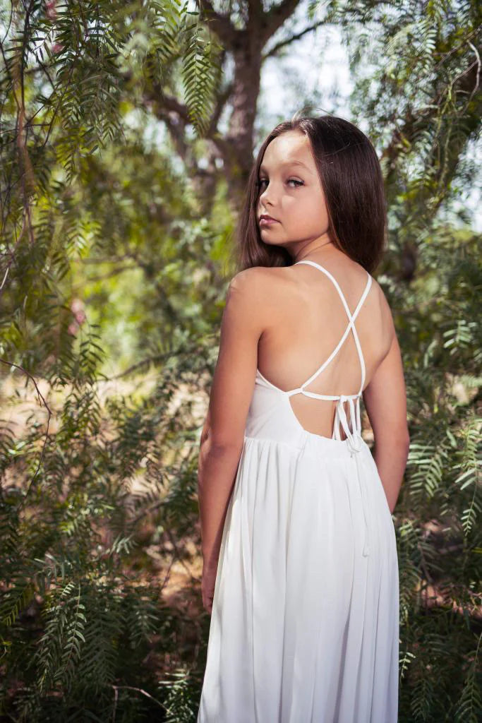 Sofia French Chiffon White Girls Dress Cowl Neckline Elegant