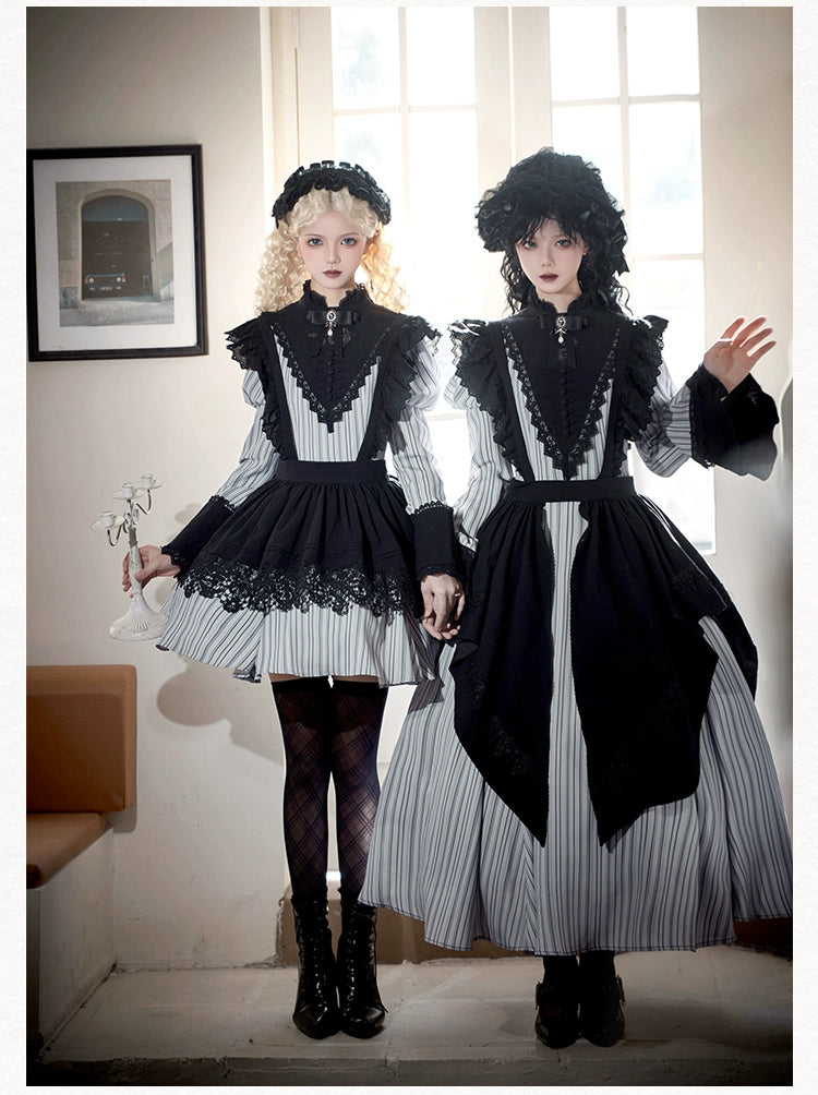 With PUJI~Nocturne SP~Striped Gothic Lolita OP Twin Lolita Dress with Apron Tunics Fall fleece