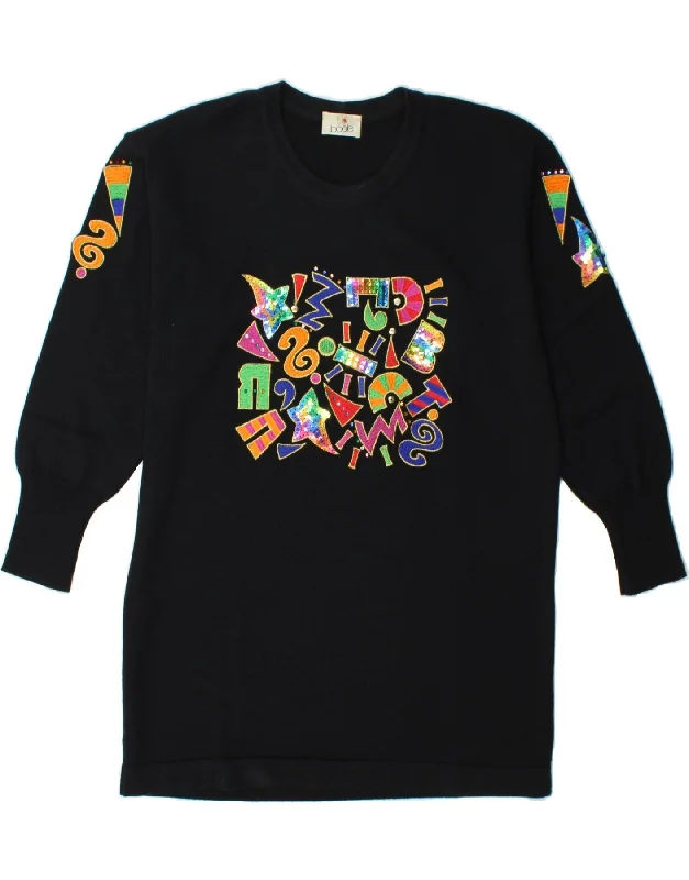 VINTAGE Womens Graphic Long Sleeve Jumper Dress UK 18 XL Black Retro empire Waist empire