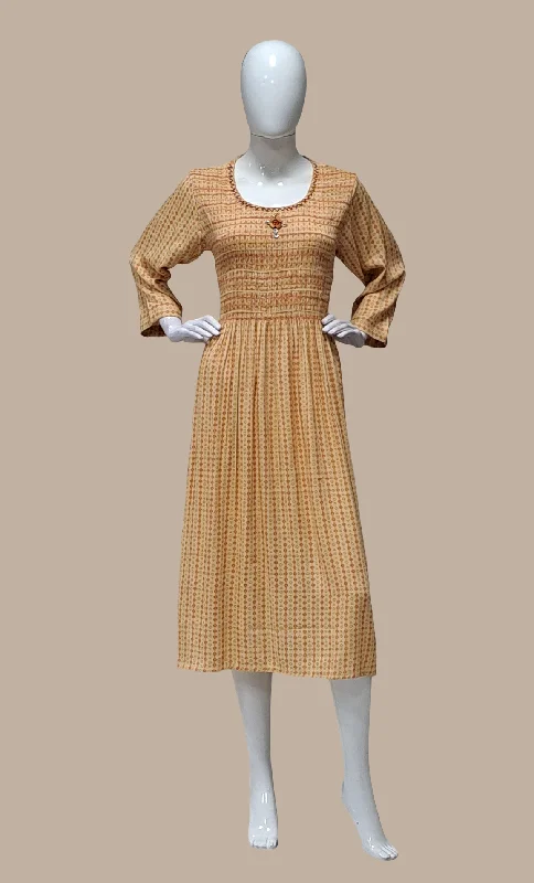 Soft Beige Printed Kurti Dress sweetheart Neckline Romantic