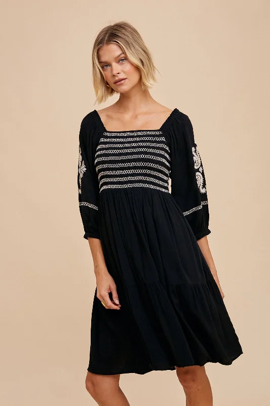 Black Smocked Embroidered Damask Dress Tunics Top rated