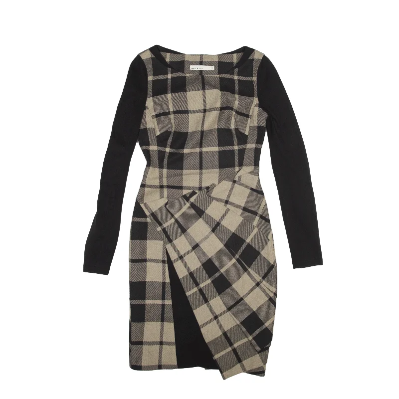 KAREN MILLEN Pleated Pencil Dress Black Check Long Sleeve Knee Length Womens UK 6 Tunics Cozy comfortable