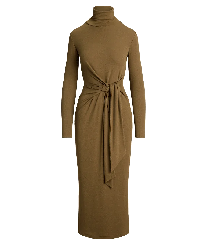 Tie-front Turtleneck Dress - Brown Tunics Yoga stretchy