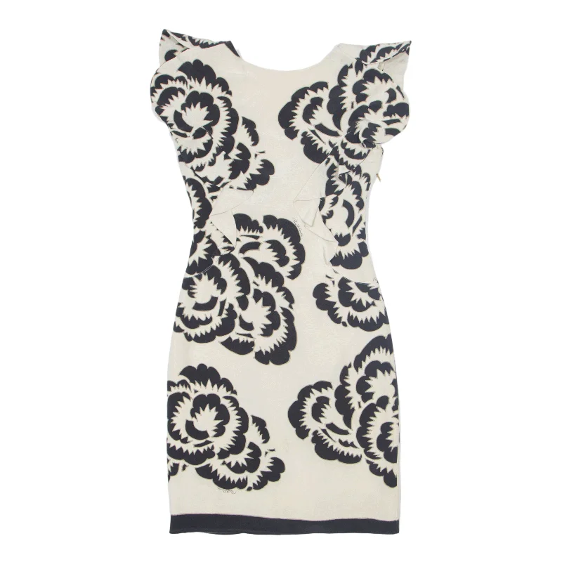 ROBERTO CAVALLI Ruffle Monochrome Pencil Dress Cream Floral Sleeveless Knee Length Womens UK 8 Tunics Custom made