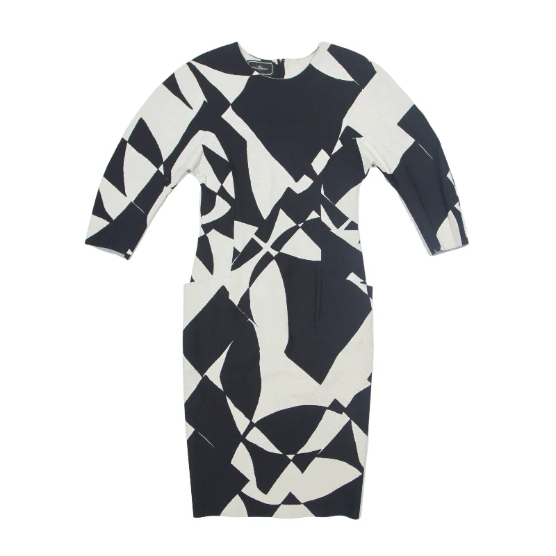 MALENE BERGER Monochrome Pencil Dress Black Geometric 3/4 Sleeve Knee Length Womens UK 8 Tunics Occasion special