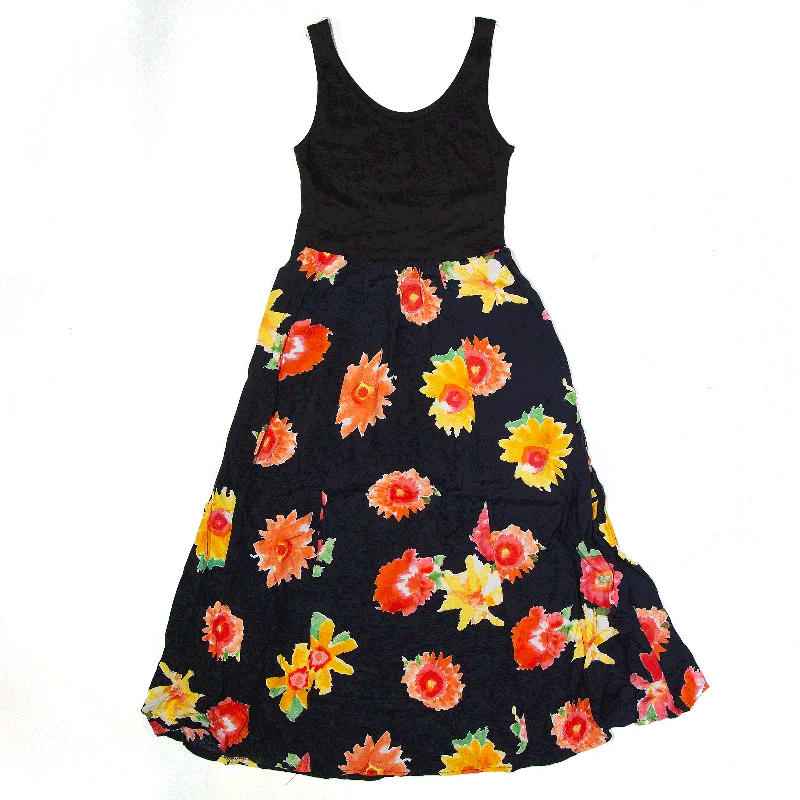 Black Floral Midi Sleeveless Day Dress Womens UK 8 Crew Neckline Casual
