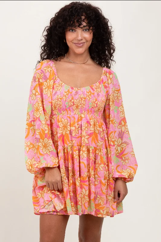 Pink Floral Smocked Bubble Sleeve Dress Tunics New arrival