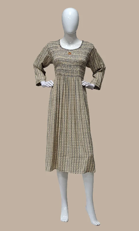 Soft Grey Printed Kurti Dress Off-the-shoulder Chic Trendy