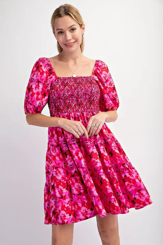 Fuchsia Floral Smocked Tiered Dress Floral Print girly