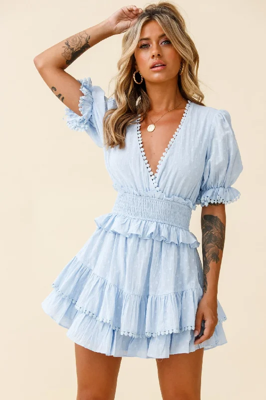 Nerissa Puff Sleeve Shirred Waist Dress Spotty Blue Tunics Winter warm