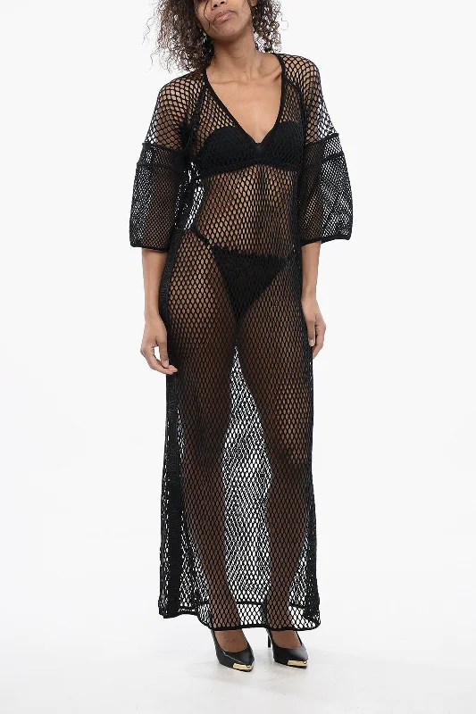 Off-White Mesh Kaftan Dress with Logoed Band Off-the-shoulder Chic Trendy