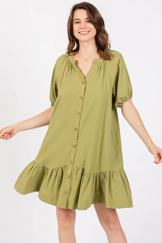 Light Olive Button Front Short Puff Sleeve Dress Tunics Silk luxurious