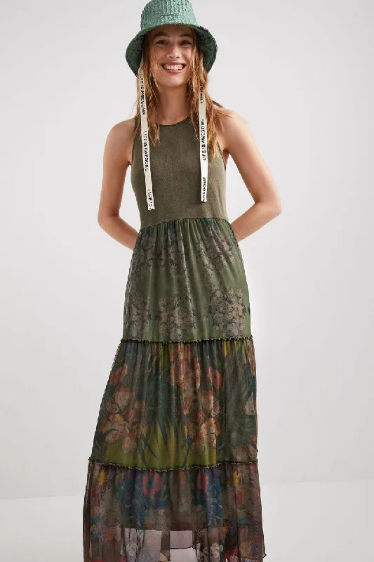 Desigual Khaki Print Long Dress Tunics Polka dots