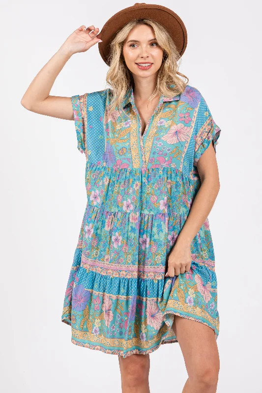Turquoise Mixed Floral Tiered Dress Halter Neckline Beach