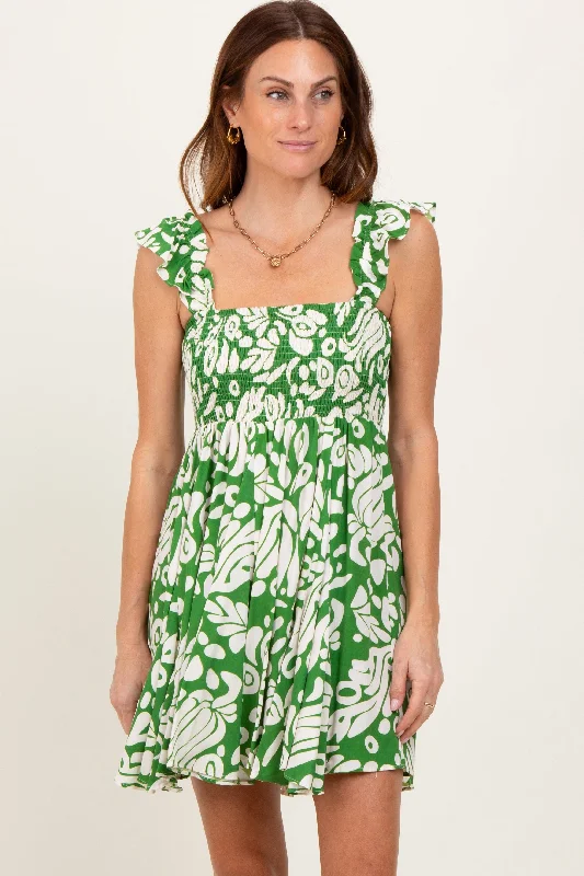 Green Printed Smocked Ruffle Strap Dress Tunics Gym athletic