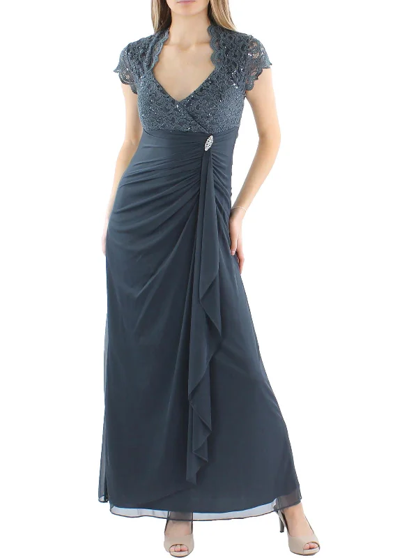 Petites Womens Sequined Ruched Evening Dress Halter Neckline Beach