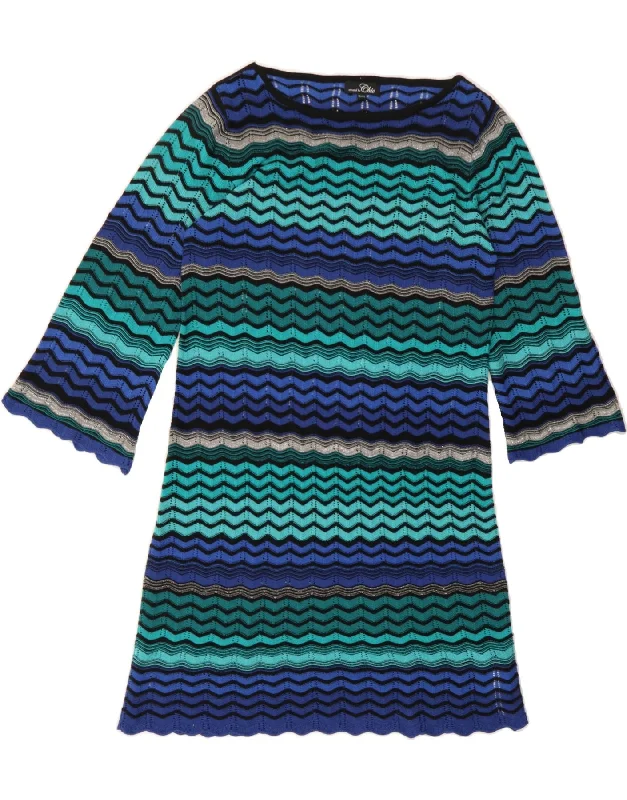 VINTAGE Womens Knit 3/4 Sleeve Jumper Dress EU 38/40 Medium Blue Striped Tunics Luxurious premium