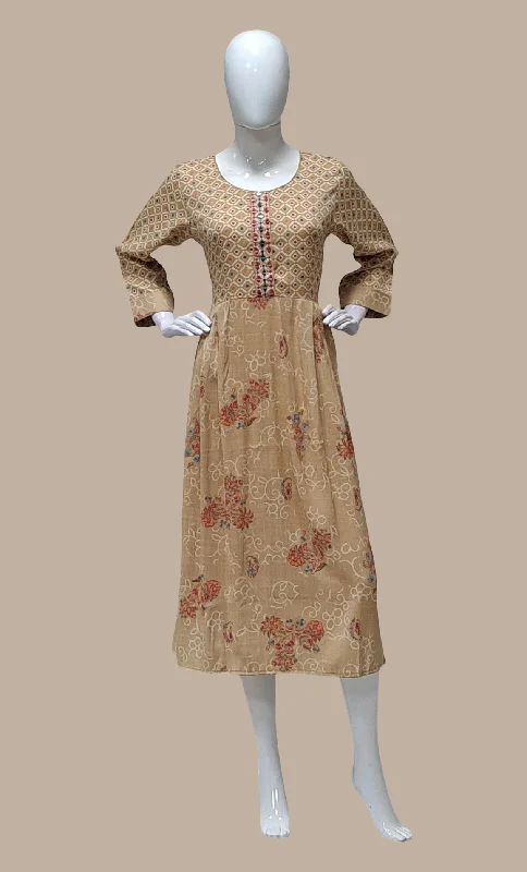 Deep Beige Bandhani Printed Kurti Dress Tunics Running lightweight