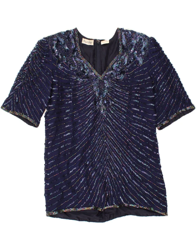 FRANK USHER Womens Evening Shift Dress UK 14 Medium Navy Blue Striped Silk Boatneck Modish Everyday